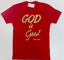 Load image into Gallery viewer, God is Good Psalm 106:1 T-Shirt Unisex Red & Gold