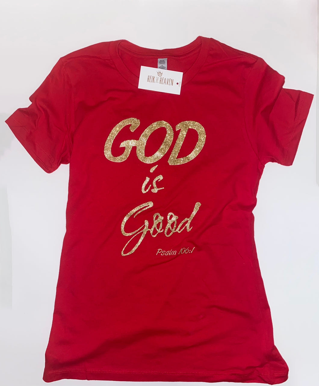 God is Good Psalm 106:1 T-Shirt Women's Red & Gold Boyfriend T