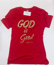 Load image into Gallery viewer, God is Good Psalm 106:1 T-Shirt Women&#39;s Red &amp; Gold Boyfriend T
